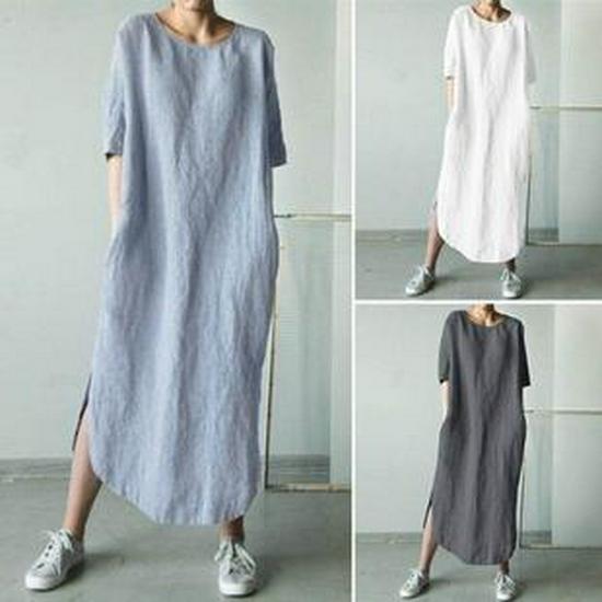 Large Cotton Linen Printed Summer Dress - Women's Loose Fit, Round Neck with Pockets.