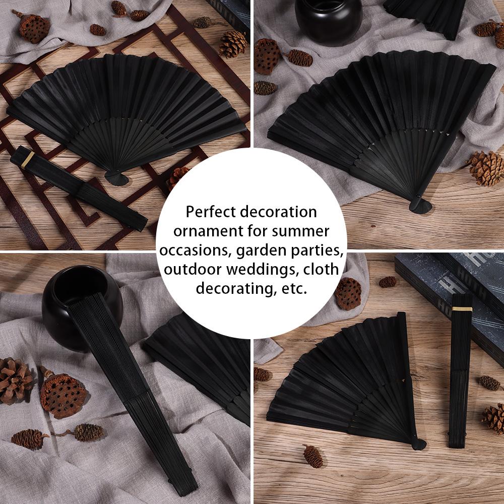 8.27"(21cm) Desktop Ornament Dance Props Bamboo Fans Ribs Hand Held Chinese Style Black Silk Folding Fan