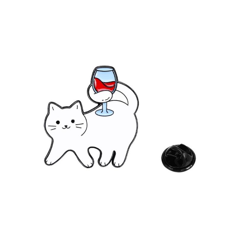 Adorable Kitten Red Wine Bottle & Glass Brooch - Enamel Pin Badge