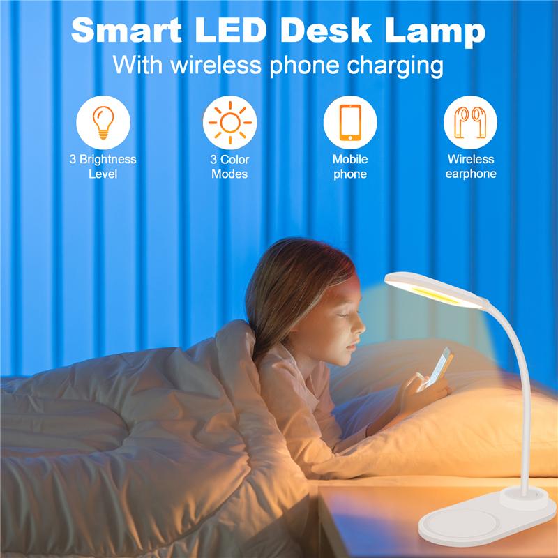 AD23-Dimmable LED Desk Lamp With Wireless Charger, Wireless Charging Desk Light Flexible Rotation Press Control Night Light
