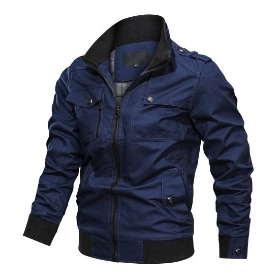Autumn Winter Men Stand Collar Long Sleeve Jacket Multi Pockets Elastic Hem Zipper Placket Windbreaker Jacket Coat