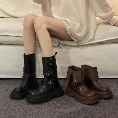 Retro Stiefel mit dickem Absatz und dicker Sohle 2024 neue britische Art dünne und faltbare höhenvergrößernde Kurzstiefel
