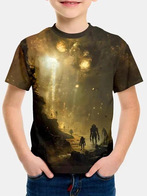 2024 Summer Boys T Shirts Cartoon Universe Astronaut Planets Children's Clothing Fashion T Shirts Baby Boys Tops Tees Clothes