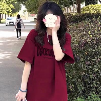 Pure Cotton American Retro Front Shoulder Burgundy Short-sleeved T-shirt Women's Summer Loose Half-sleeved Niche Trendy Top