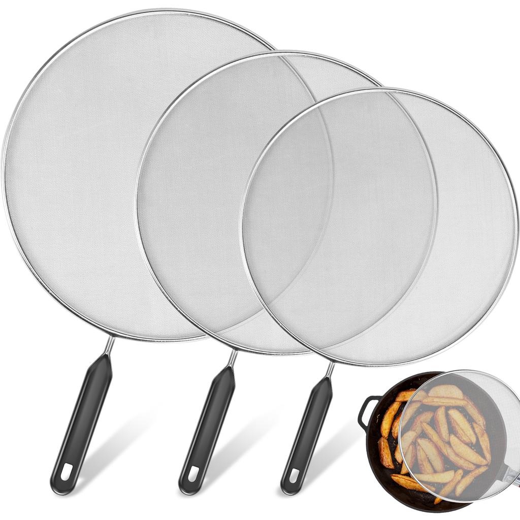 3Pc Cooking Frying Stainless Steel Anti Splatter Guard Oil Net Grease Splatter Screen Kitchen Pan Mesh Guard Screen Splash Cover