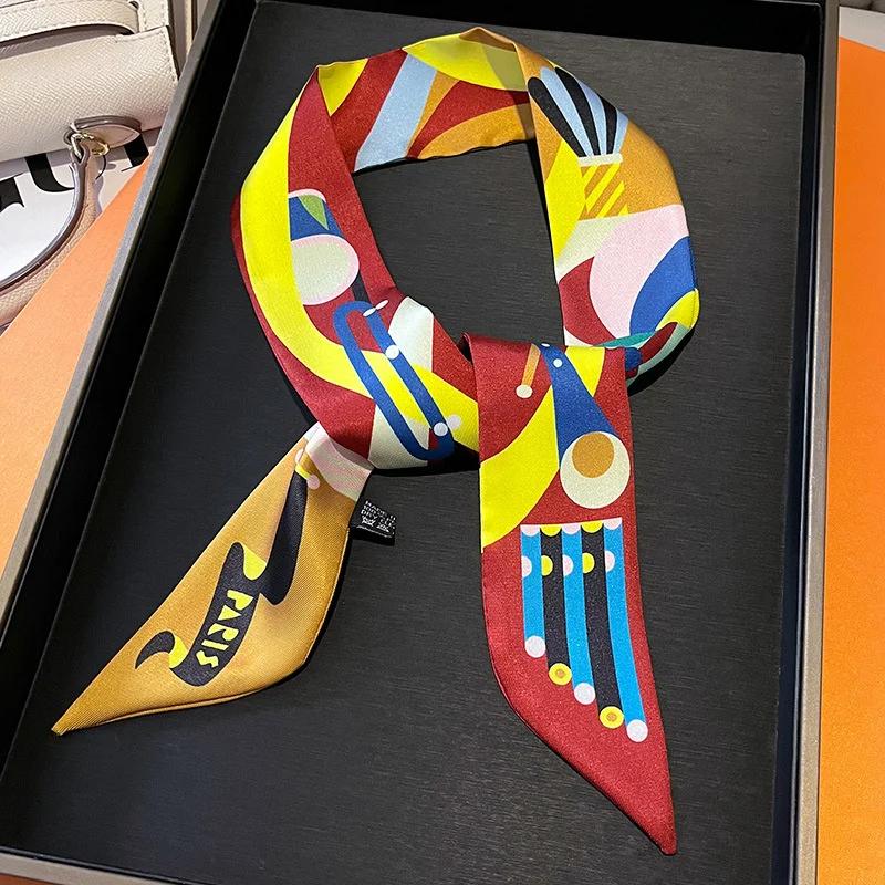 Luxury Brand Silk Skinny Scarf Bag Handle Ribbon Ladies Horse Print Headband Small Hair Scarves Band Female