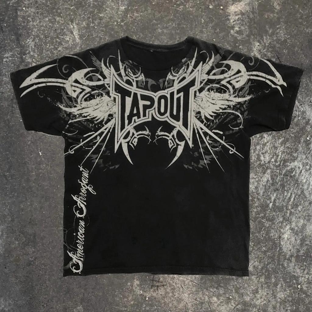 Y2K Tap Out Skull Print T Shirt Dark Aesthetic Round Neck Streetwear Oversized Gothic Cotton Tee Soft Retro Loose