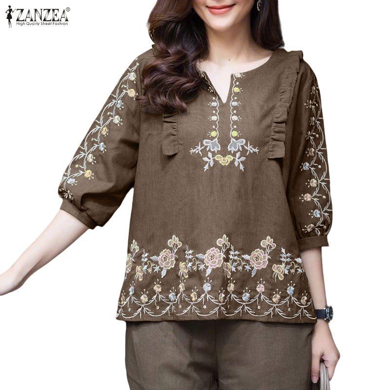 ZANZEA Dámská ležérní halenka s výstřihem do V a 3/4 rukávy s květinovým potiskem