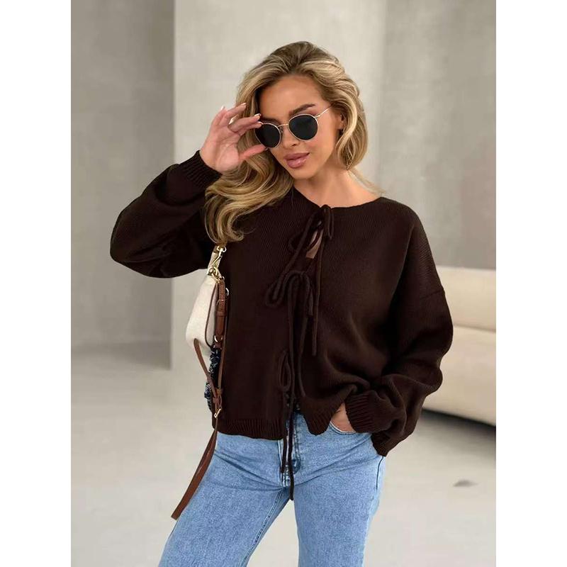 Women Solid Knit Sweater Cardigan Full Sleeve Lace Up Thick Jumper Casual Elegant Coat Sweaters Regular Autumn