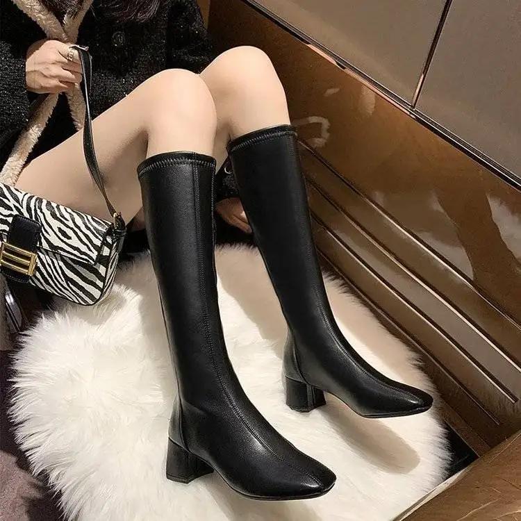 Fashion Square Toe Women's Long Boots Quality Leather Pu New Rock Spring 2024 Ladies Knee High Shaft Shoes on Promotion Demi-season Work