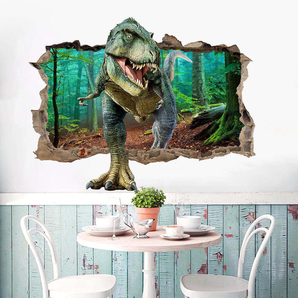 Jurassic Tyrannosaur Broken Wall Hole Art Stickers Jungle Dinosaur World Mural Self Adhesive For Home Decoration Aesthetic Rooms