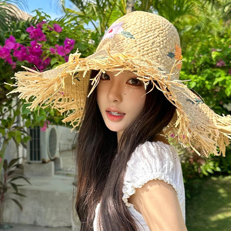 Hollowed-out Raffia Straw Hat for Women, New Seaside Beach Hat, Summer Large Brim Woven Sunshade Hat