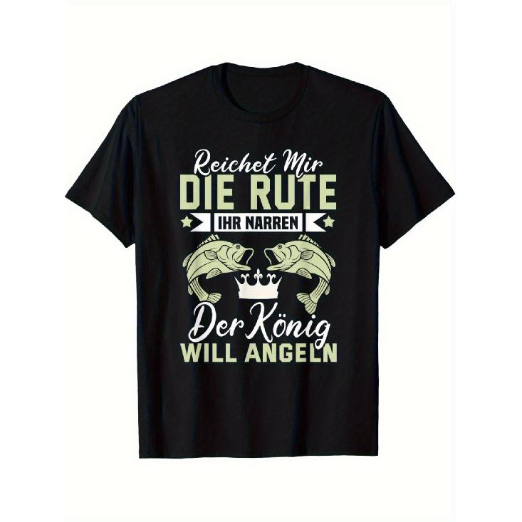 Men S Vintage Fishing Humor T-Shirt | German Saling & Crowned Fish Graphic with Recht mir die Ruhe & Angler Slogan, Black with Yellow Print, Loose S