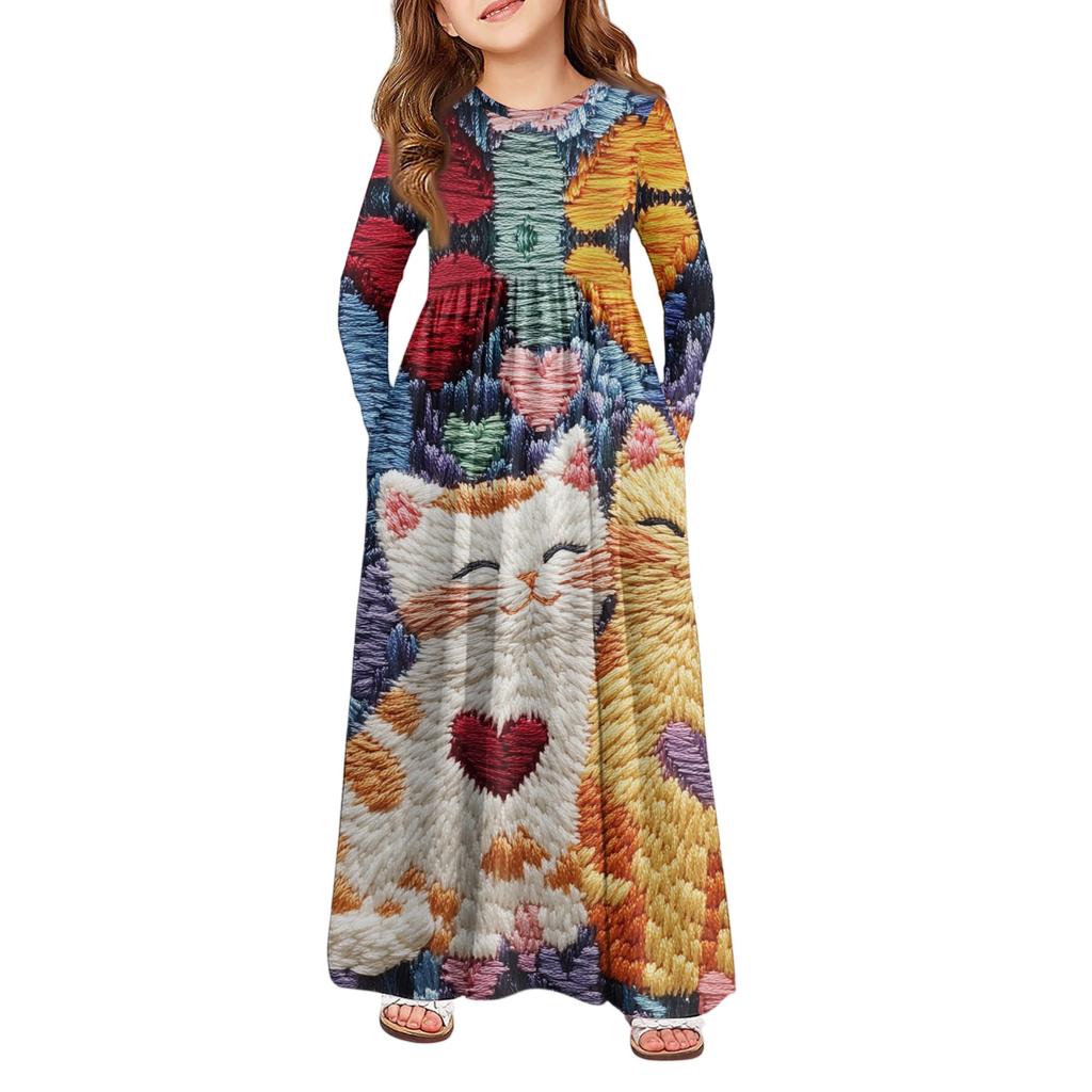 Girls' Maxi Dress - Long Sleeve Pocket Dress Valentine's Day