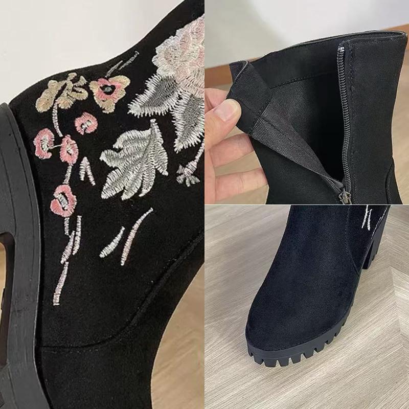 Fashion Luxury Embroidery Black Suede Ankle Boots Women 2025 Winter Floral Print High Heel Boots Brand Design Dress Shoes for Woman