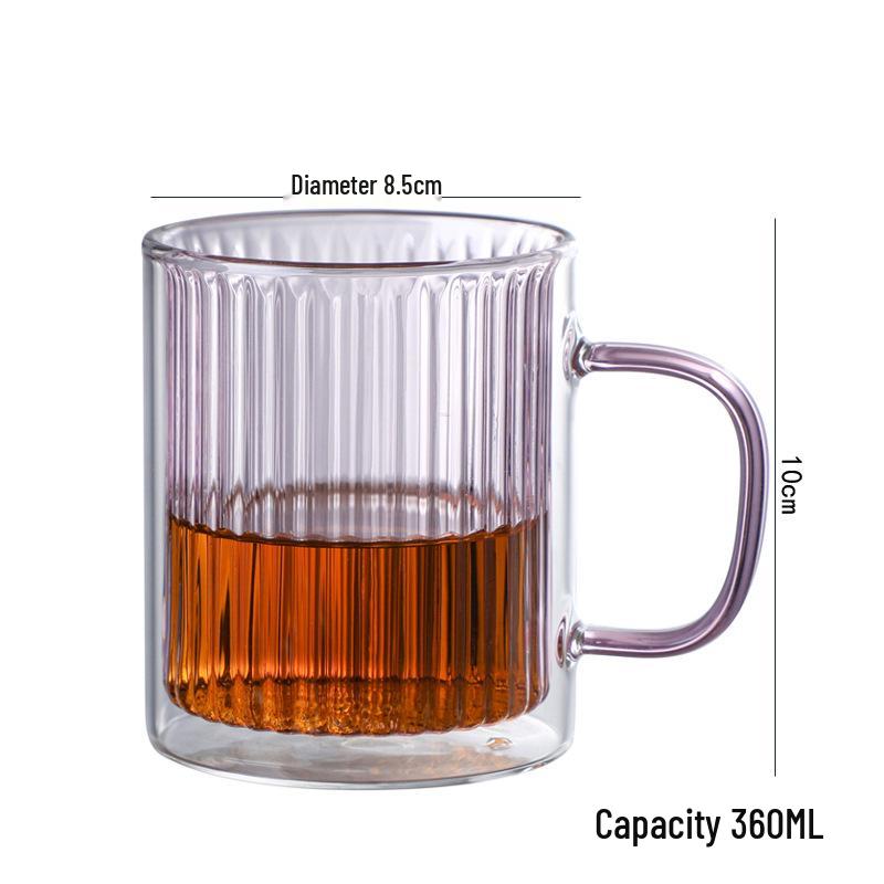 Double-Layer Vertical Stripe Glass Cup with Large Handle for Home, Office, or Coffee Shop Use