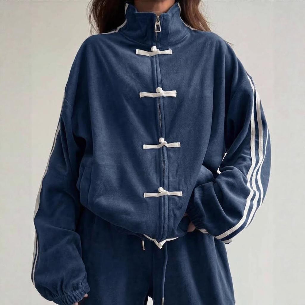 Fashion Buckle Three Bars Casual Suit Retro Stand-up Collar Jacket Wide-leg Sweatpants Two-piece Set