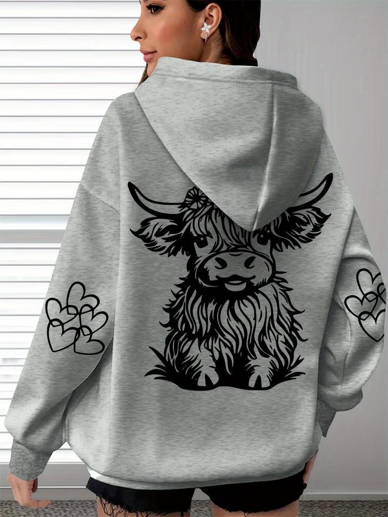 Damen Gemütlicher Hochlandrind & Pfotenabdruck Übergroßer Hoodie