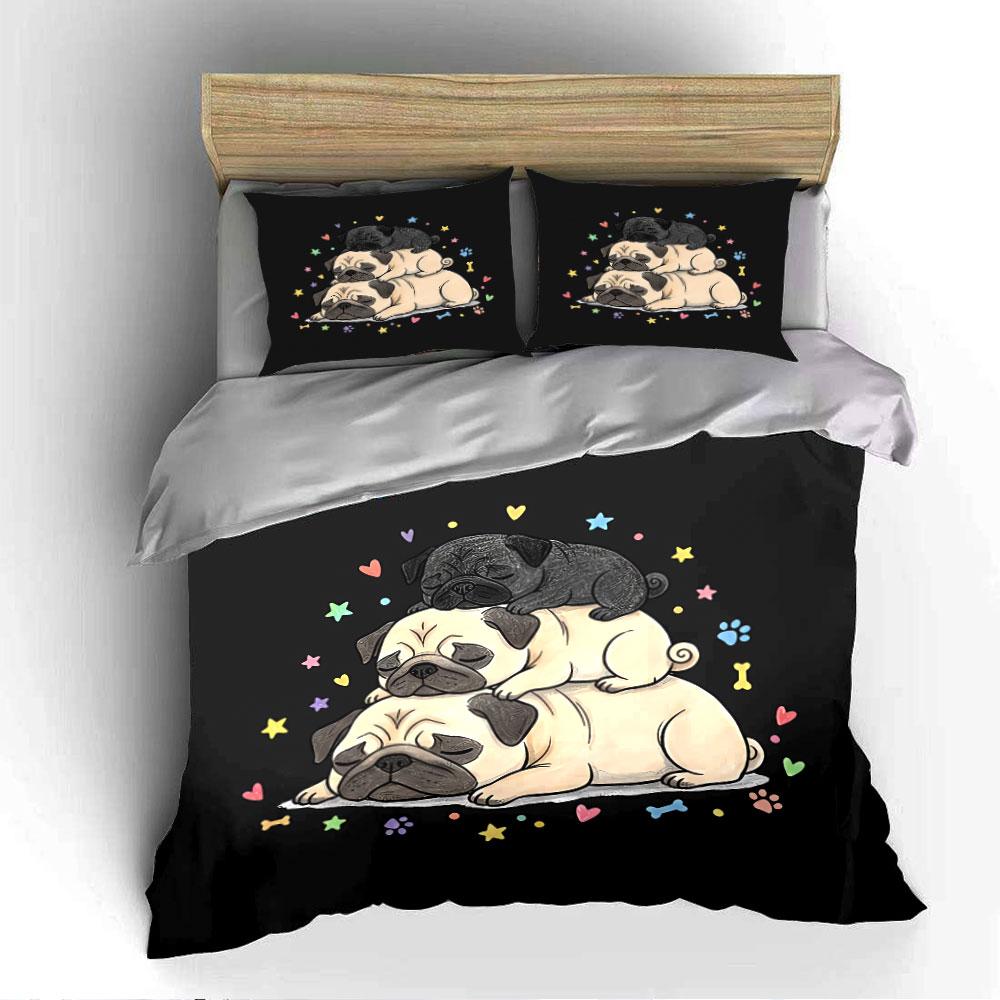 Pug Trio with Hearts & Stars Bedding Duvet Cover Set Duvet Cover Pillowcases  (1*Duvet Cover 2*Pillowcases, without duvet insert)