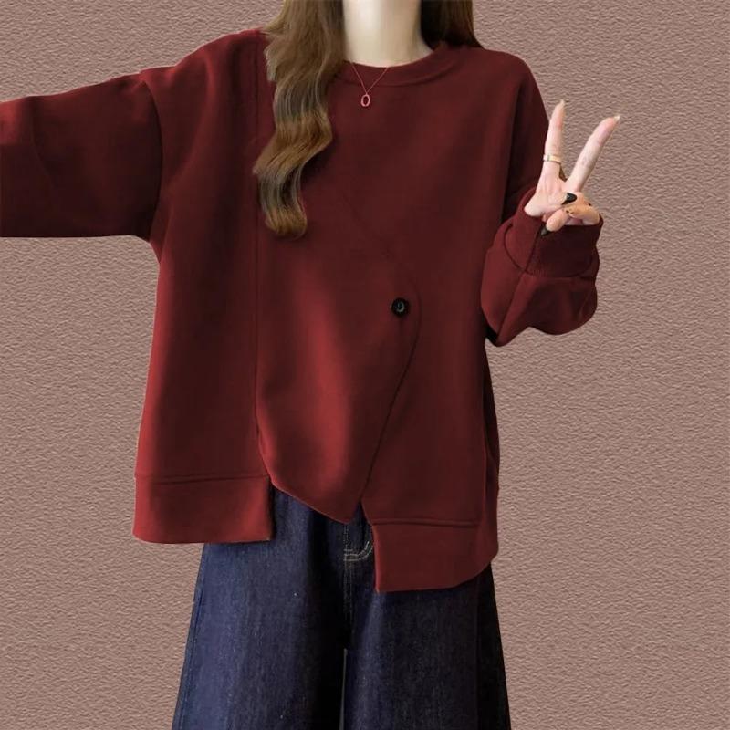Fashion Women's Lazy Style Round Neck Irregular Sweatshirt Autumn Loose Button Splicing Long-sleeved Top Pullover