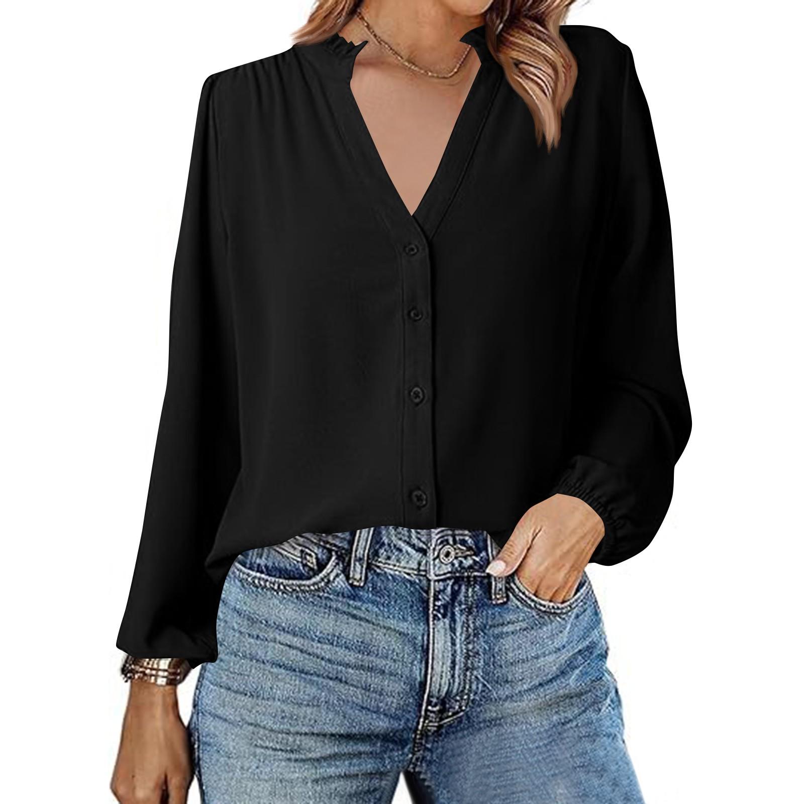 

Women s T-shirt Solid Color V Neck Long Sleeve Top XL чорний