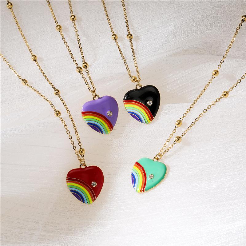 HECHENG,Rainbow Necklace ,Love Heart Necklace,Colorful Lucky Zircon,For Women ,Stainless Steel