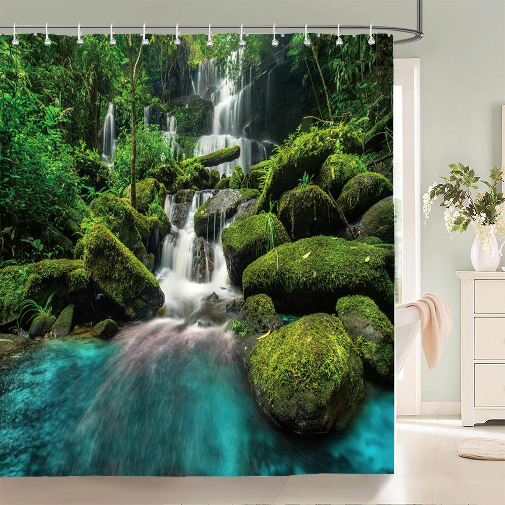 Modern 3D Printing Forest Shower Curtain Green Plant Tree Landscape Bath Curtain With Hooks For Bathroom waterproof scenery
