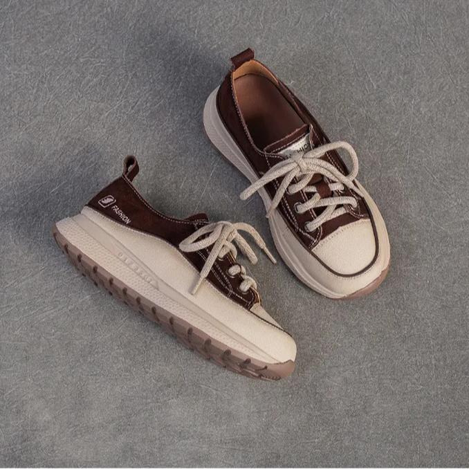 Johnature Genuine Leather Thick Soled Casual Women's Shoes Round Toe Comfortable Lace-up Flat Platform Shoes