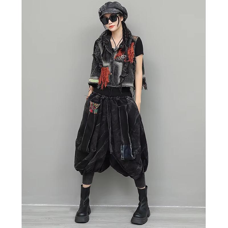 XITAO Personalized Trendy Vintage Denim Sets Short Vest Small Leg Lantern Pants GJ1215