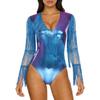 Womens Metallic Shiny Club Bodysuit Tiered Sequin Tassel Mesh Long Sleeve Dance Jumpsuit