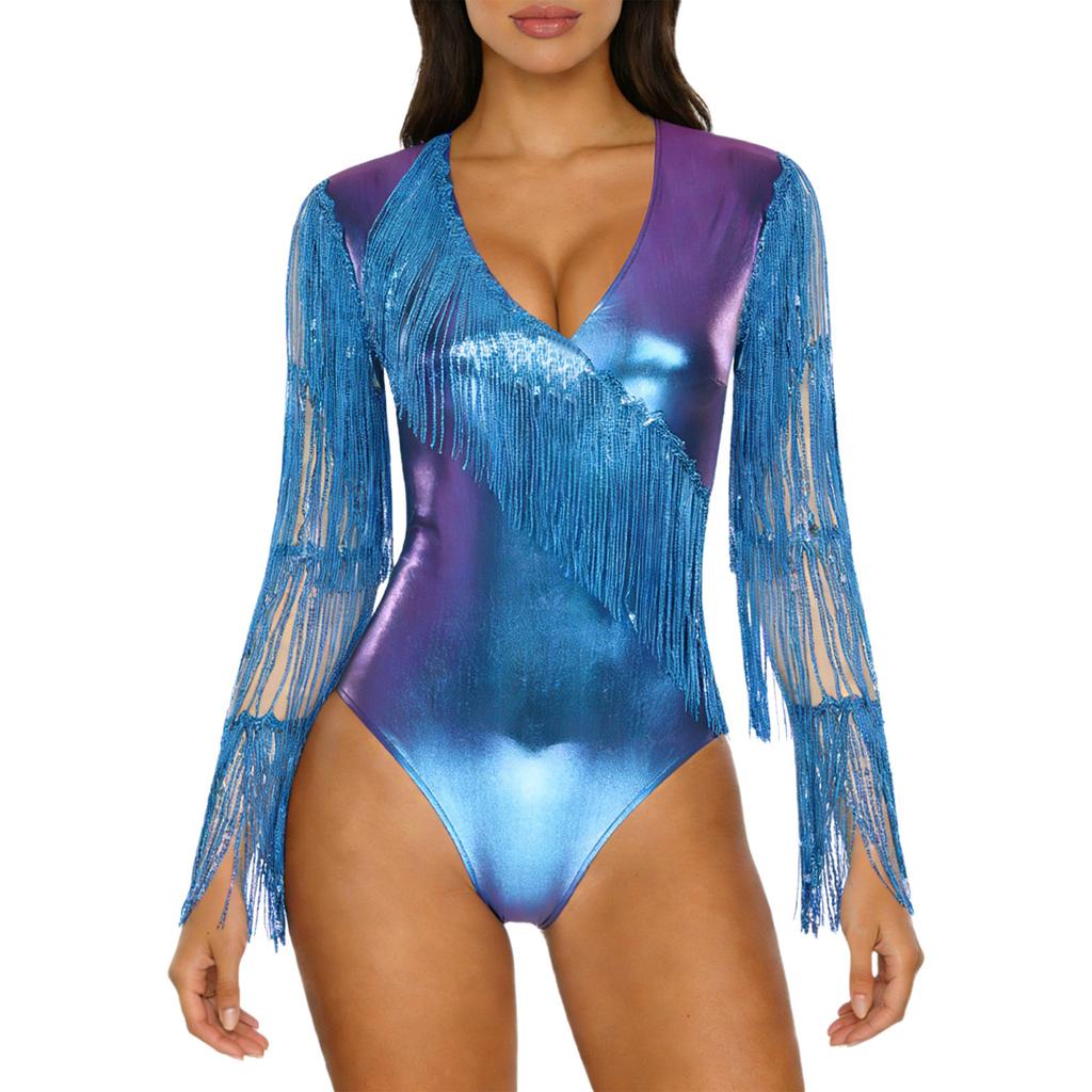 Womens Metallic Shiny Club Bodysuit Tiered Sequin Tassel Mesh Long Sleeve Dance Jumpsuit
