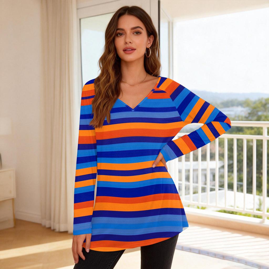 Women's Fashionable Casual Long-Sleeved Striped Print V-Neck Mid-Length Top