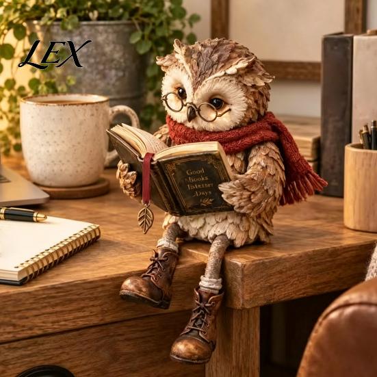Reading Owl Statue for Home Decor Figurine, Creative with Glasses Scarf Boots And Open Book, Whimsical Reader Gift Teachers Sculpture Book Nook Shelf
