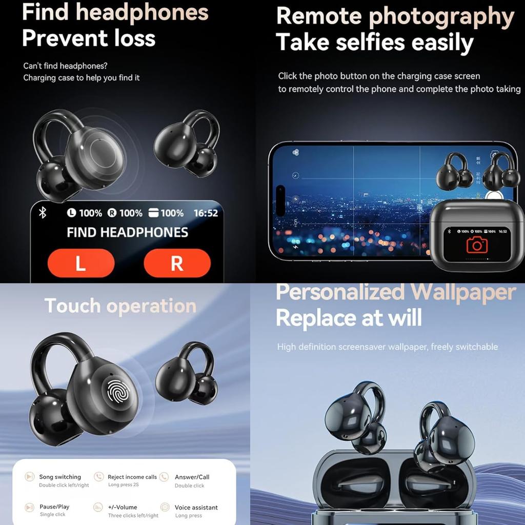 Clip On Ear Headphones Open Ear Earphones Wireless Earbuds Bluetooth 5.4 Sports Ear buds LED Touch Screen Waterproof Headsets for for Android iOS