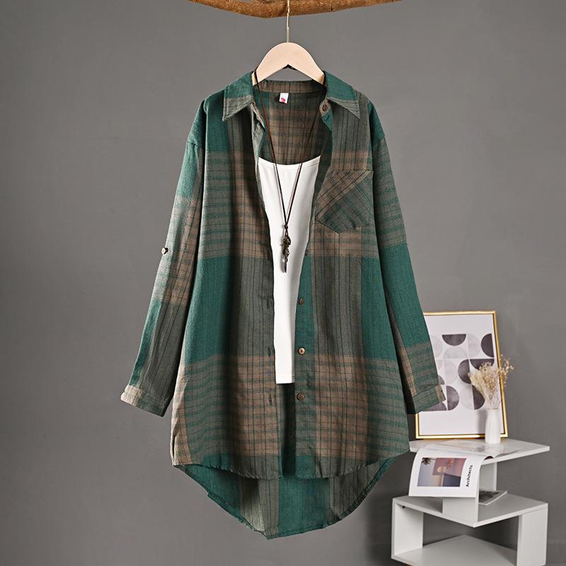 Checkered Shirt Woman Women's Buttoned Shirts Linen Blouses Woman Long Sleeve Shirts for Women Women's Vintage Blouse Elegant