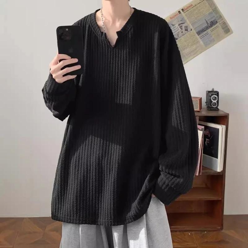 Autumn Korean Streetwear T Shirt Men Fashion Hip Hop Baggy Casual Solid Color Loose Long Sleeve Tees