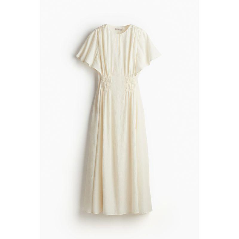 

HM Women s Dress Autumn Leisure Style round Neck Short Sleeve Waist Pleated Dress 1237994 Cream color 170/104