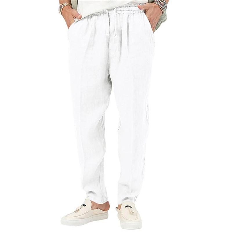 Men's Linen Beach Trousers with Drawstring Elastic Waistband Solid-Coloured Comfortable Breathable Casual Everyday Long Trousers