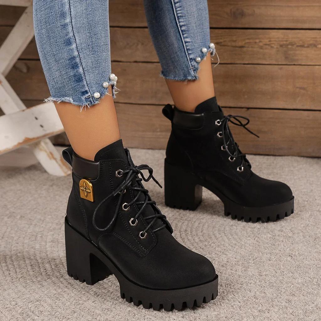 Fashion Women Retro Round Toe Chunky Heels Ankle Boots Autumn New High Heels Shoes Woman Lace Up Platform Short Booties Big Size 42