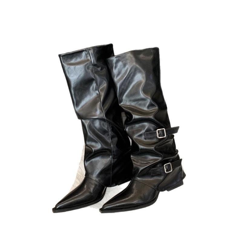 Spring and Autumn pointed buckle pleated piled boots punk style knight boots middle heel fried street babes high tube pants boots
