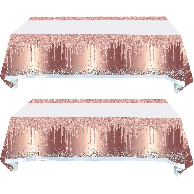2Pcs Pink Rose Gold Birthday Tablecloth and Table Cover for Girls and Women (71in x 42in)