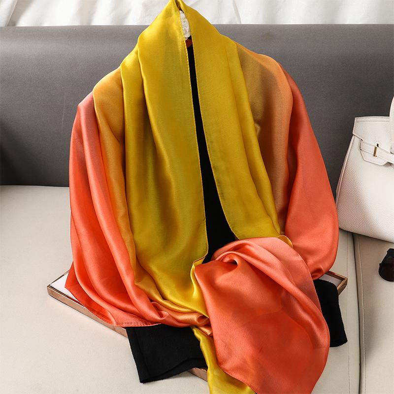 Luxury Gradient Silk Scarf Women Brand Solid Femme Shawls Wraps Bandana Head Foulard Fashion Lady Hijab Wedding Poncho
