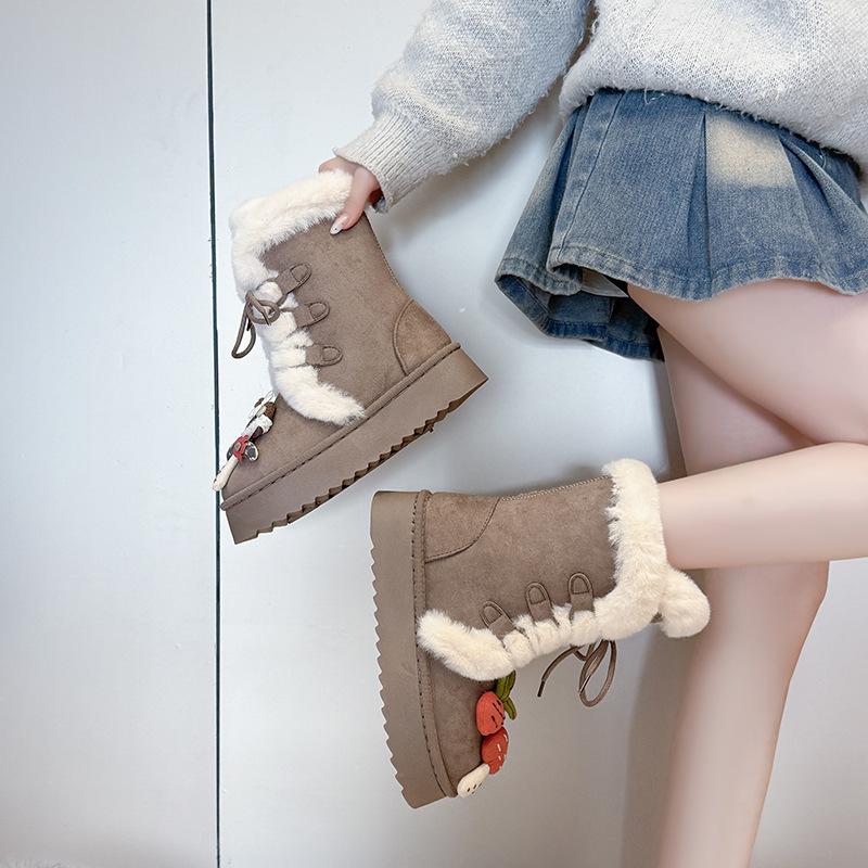 Women's Lace-up Large Size Thick Sole Winter Warm Fur Snow Boots Padded Lined Ankle Boots Anti-slip Hiking Sports Cotton Boots