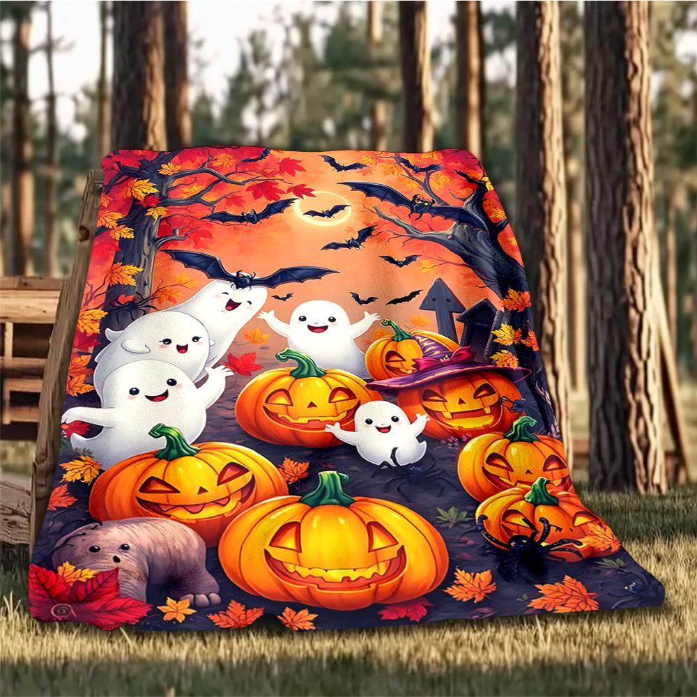 1pc Ghosts and Pumpkins Print Outdoor Blanket, Lightweight Polyester,