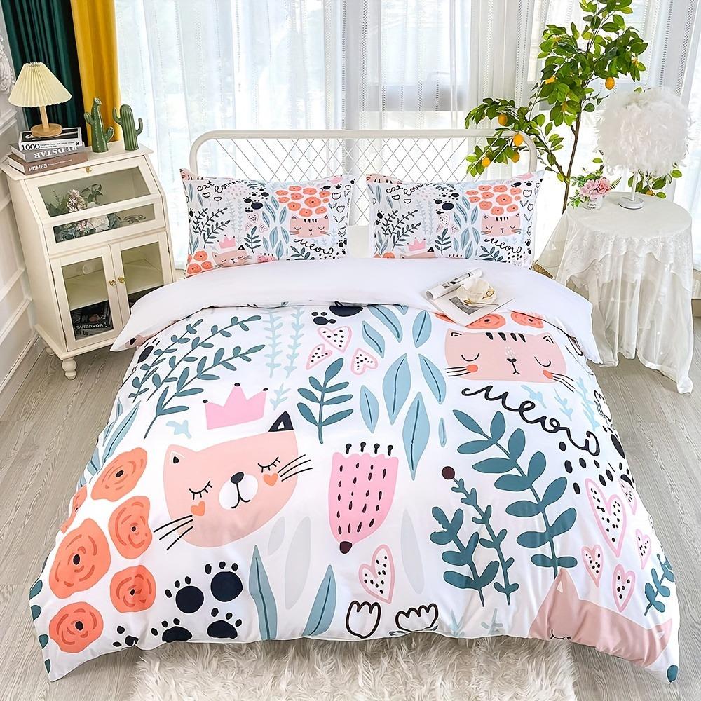 

Cute Cat Bedding Set Cartoon Duvet Cover Set Queen King Size Quilt Cover Duvet Cover Sets With Pillowcase Birthday Gift For Kids EU Single(135x200cm)