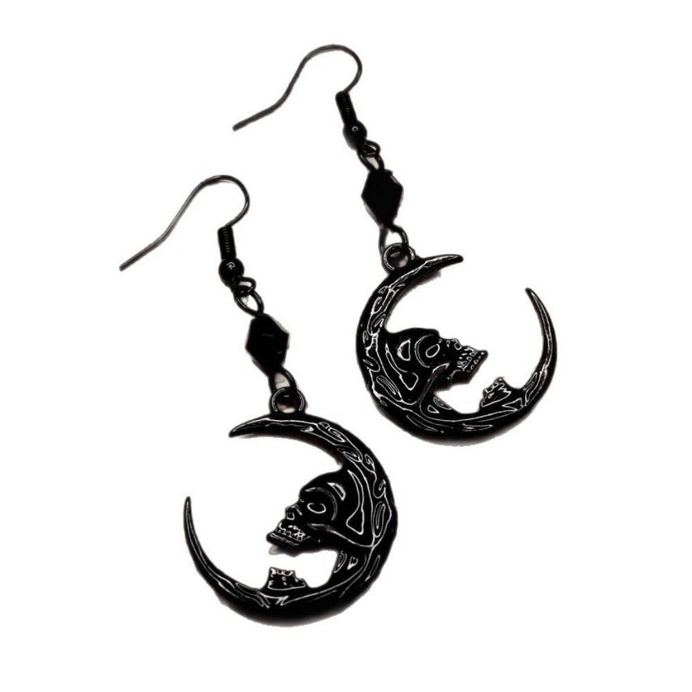 Gothic Black Dead Moon Skull Relief Dangle Earrings for Women Witch Halloween Party Demon Style Magic Spell Lucifer Jewelry