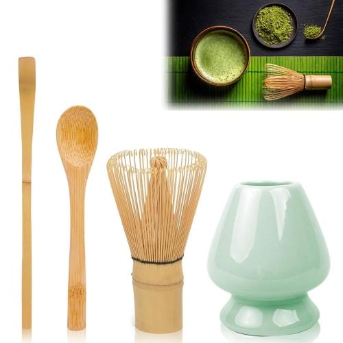 

4-Piece Tea Ceremony Utensil Set (100-Standing Bamboo Tea Whisk, Tea Scoop, Matcha Powder, Whisk) for Beginners (Includes Chasen, Chasen Holder, Chash