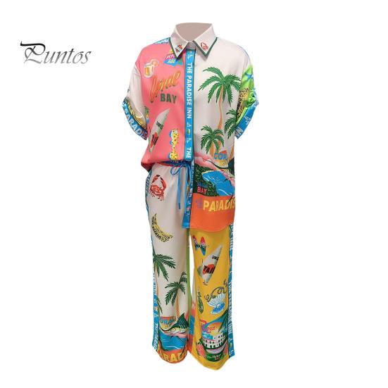 Conjunto de Blusa y Pantalones para Mujer 2 Piezas/Set Camisa Pantalones para Mujer Estilo Vacaciones Hawaii Estampado Colorido Manga Corta de un Solo Botón Ropa de Resort Solapa