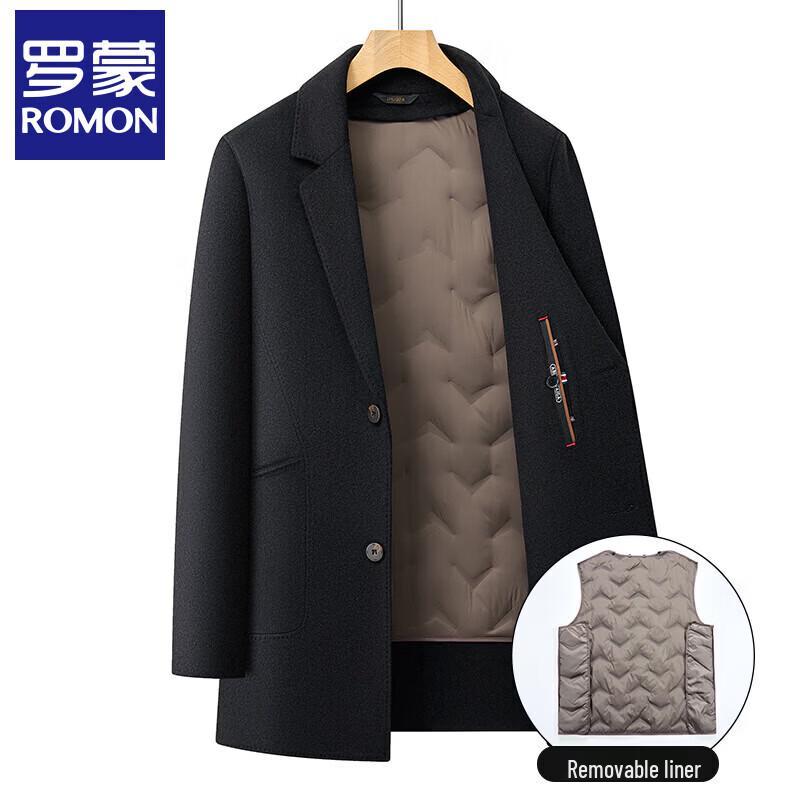 Romon Men's Mid-Length Wool Blend Overcoat with Detachable Goose Down Liner