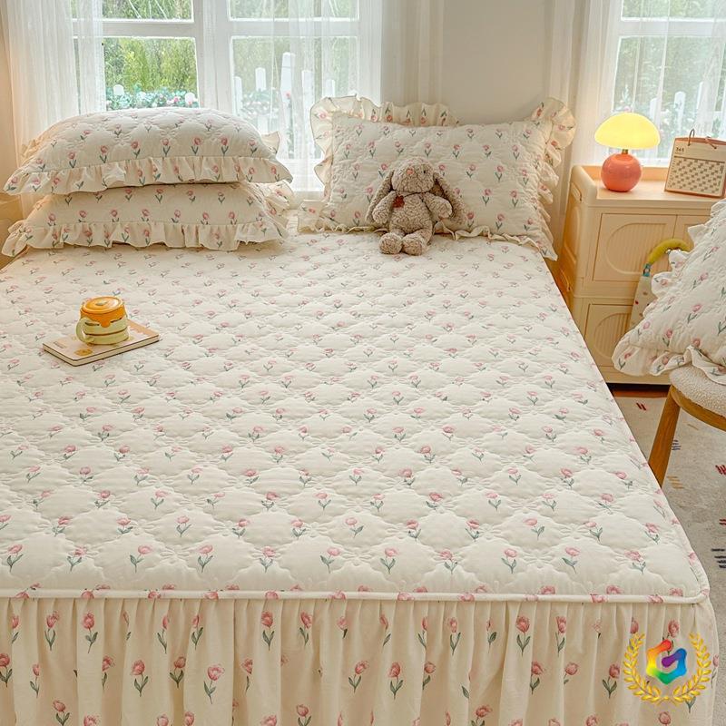 Frischer Stil Gestepptes Washed Cotton Bettrock-Set – Hautfreundlich für Einzel- und Doppelbetten